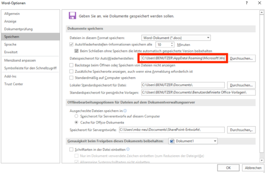 Word Standardspeicherorte
