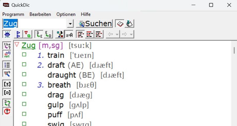 Ein Bildschirmfoto der geöffneten PC-Software QuickDic, oben ein Suchfeld, zentral ein großes Ergebnisfeld.