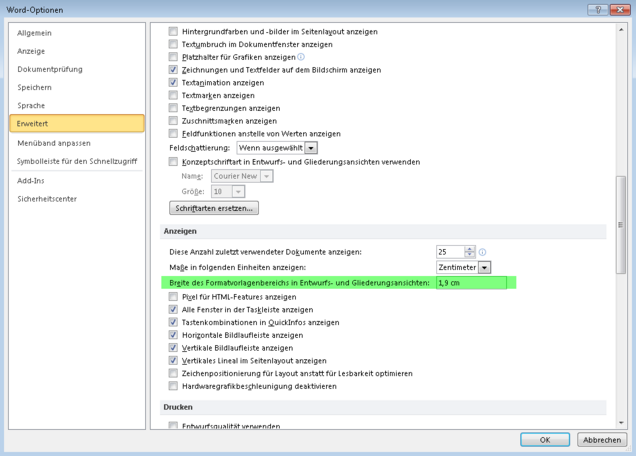 Word Einstellungen Formatvorlagenbereich