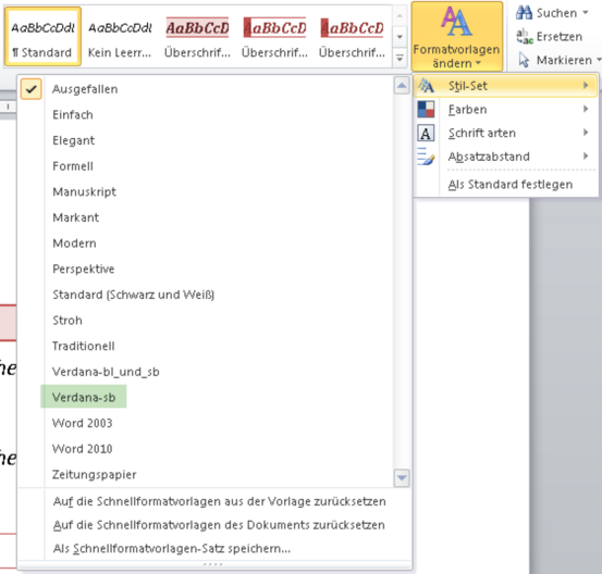 Auswahl Formatvorlagensatz