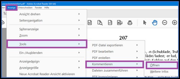 Screenshot von Adobe Acrobat Reader: Das geöffnete Menü „Anzeige“ mit dem hervorgehobenen Untermenü „Tools“; darin ist der Eintrag „Kommentieren“ markiert, dessen aufklappendes Untermenü den hervorgehobenen Eintrag „Öffnen“ zeigt. Das Bild ist von einem schwarzen Rahmen mit blauer Innenlinie umgeben.