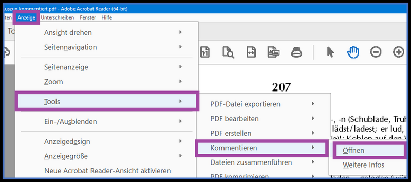 Datei:Nachschlagewerke im PDF-Format am PC mit Adobe Acrobat Abb01 Menue Anzeige Tools Kommentieren.png