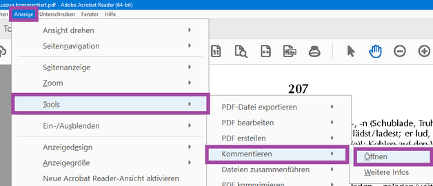 Die Abbildung zeigt das im Adobe Reader geöffnete Menü "Anzeige" mit den folgenden genannten Untermenüs und farbig umrahmten Funktionen.