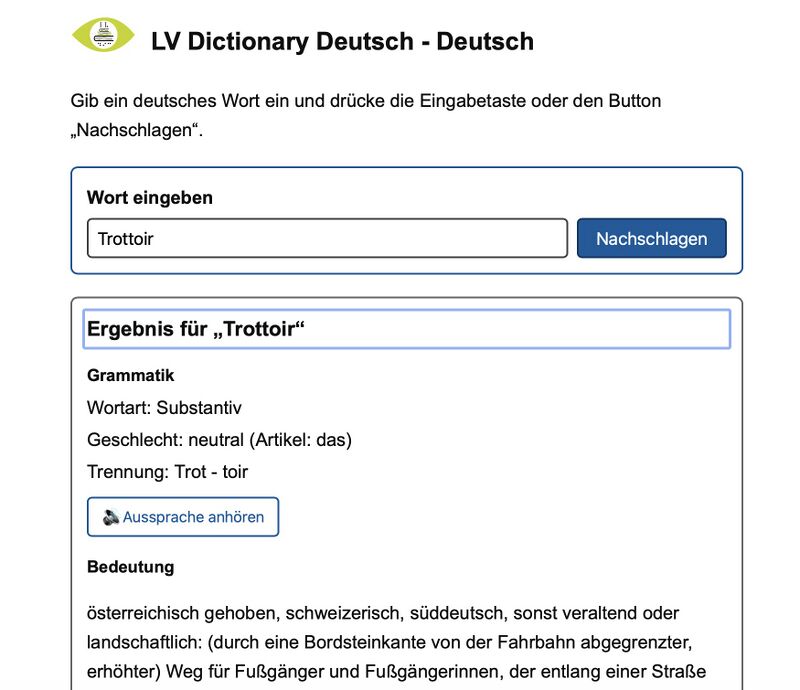 Ein Bildschirmfoto der Software des Low Vision Dictionary Deutsch mit den Ergebnissen zum Suchbegriff Trottoir